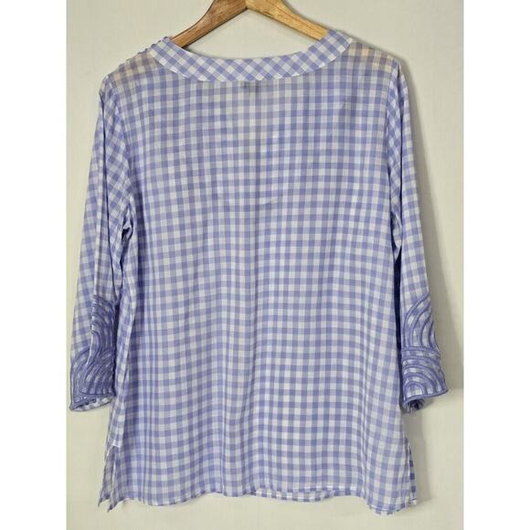 Talbots EMBROIDERED GINGHAM POPOVER Blue & White 3/4 Sleeve V-Neck Size Large - Picture 8 of 8